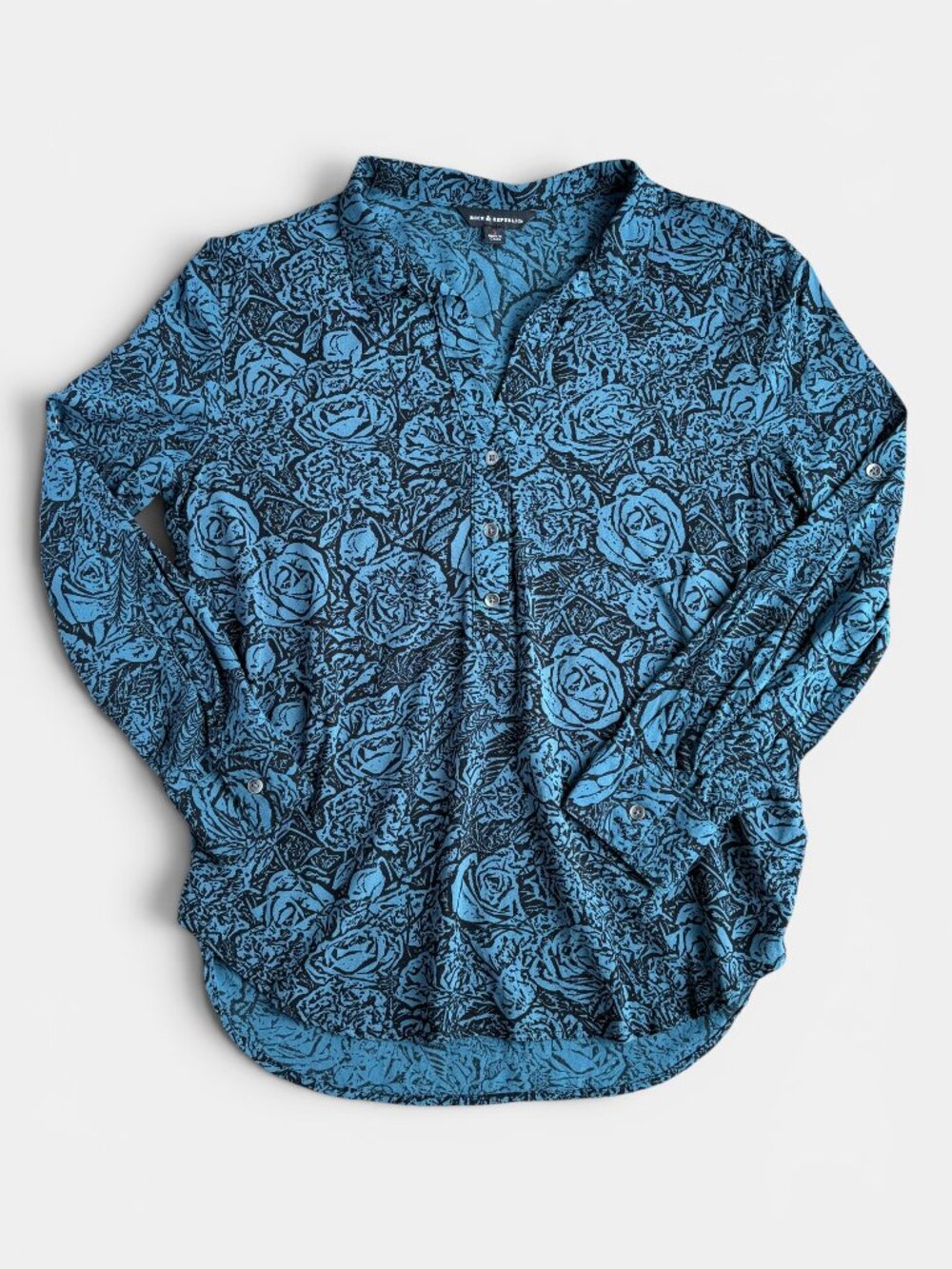 Rock & Republic Dark Teal Black Floral Rayon Tunic Blouse Size S
